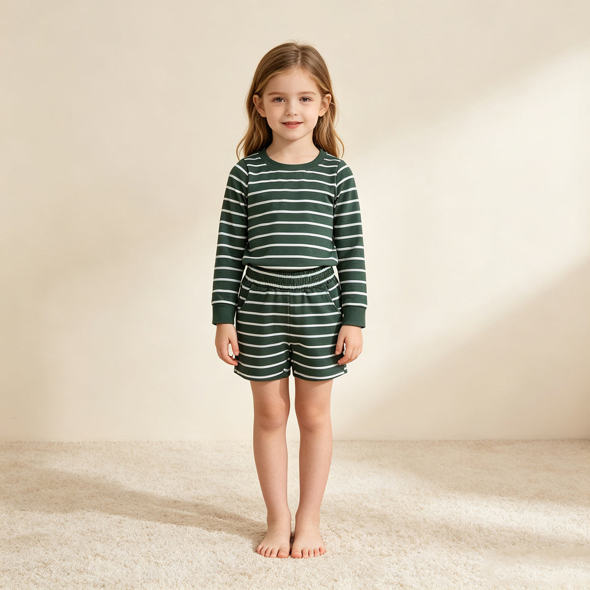 NEW RTS NO MOQ yoga fabric GLS0128 Yoga Baby Girls Green Stripe Shirt Top Short Yoga Active Set