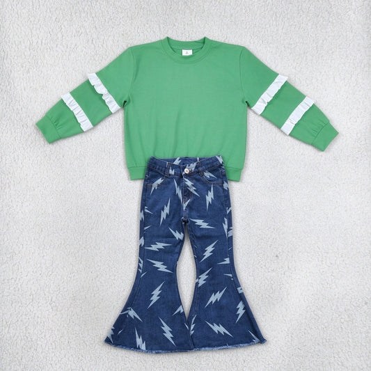 NEW RTS NO MOQ Denim GT1858+ P0128 Baby Girls Green White Patchwork Long Sleeve T-shirts Top Flash Denim Bell Pants Sets