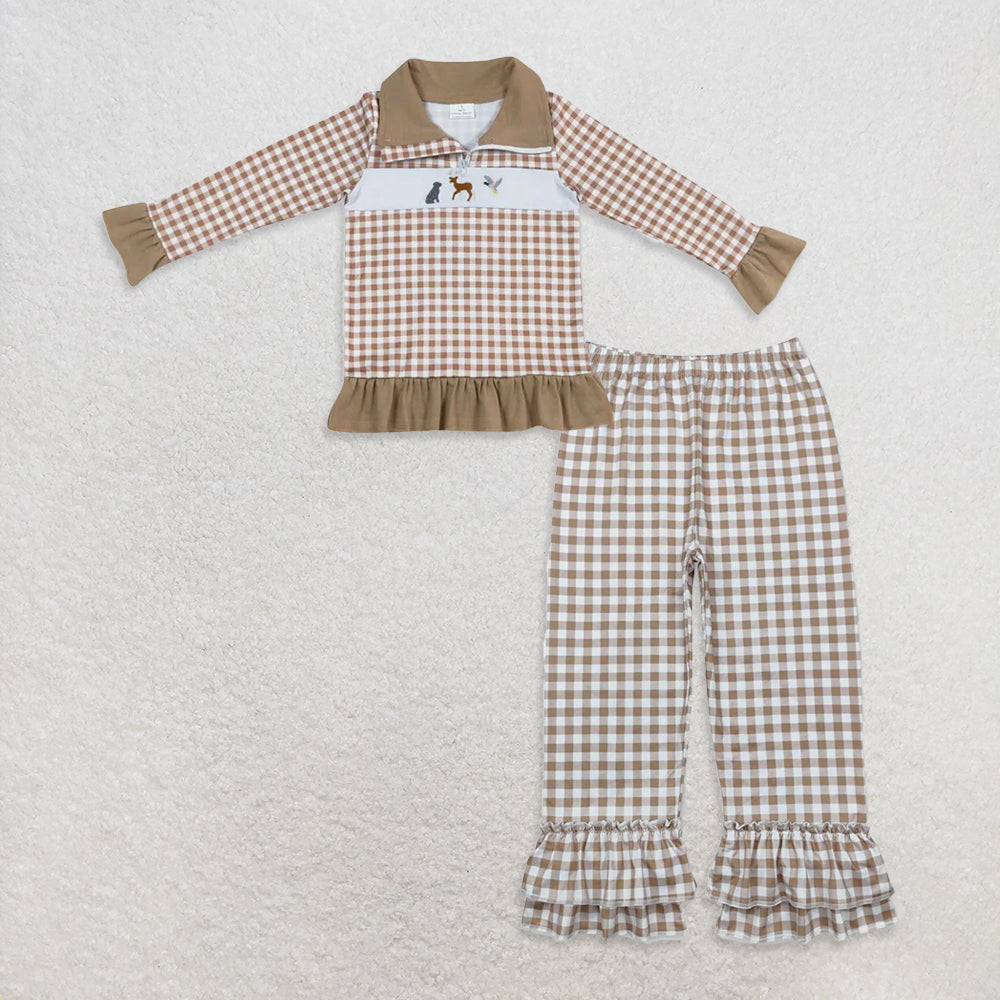 RTS NO MOQ GT0320 + P0607 Baby Girls Dog Hunting Khaki Checkered Top Tee Shirts Checkered Ruffle Pants
