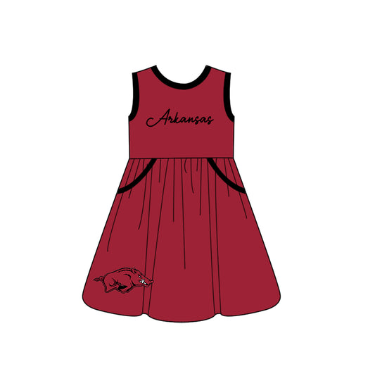 Custom moq 5 each style eta 6-8weeks baby girl clothes team dark red sleeveless dress-25.10.14