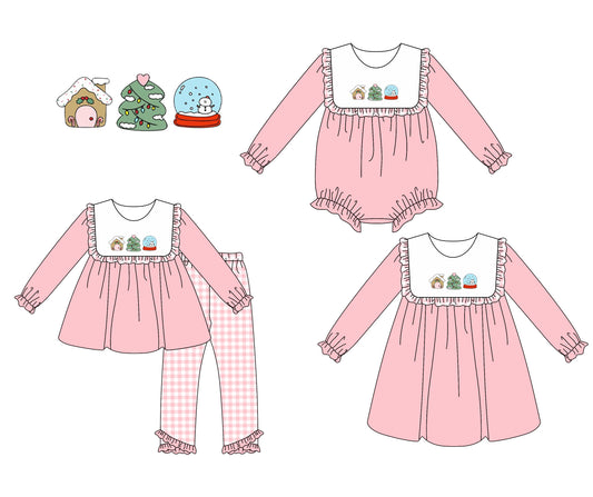 25.7.1 custom each style moq 5eta 4-6week Sibling Sisters Christmas pink baby girl long sleeve pants sets and dress and rompers match family design