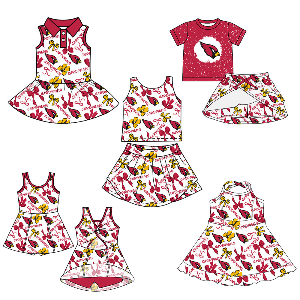 Custom moq 5 mix sizes summer teams baby girls clothes team red short sleeve skirts shorts sets 1 and skirts sets 2 and dress 1 and dress 2 and dress 3 and dress 4-25.6.9