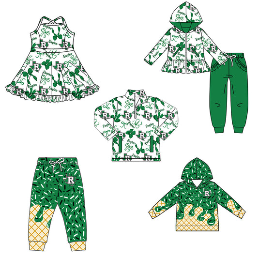 Custom moq 5 mix size milk silk summer teams baby girls clothes bow green hooded long sleeve pants sets and dress and top and hooded top and pant-25.8.13