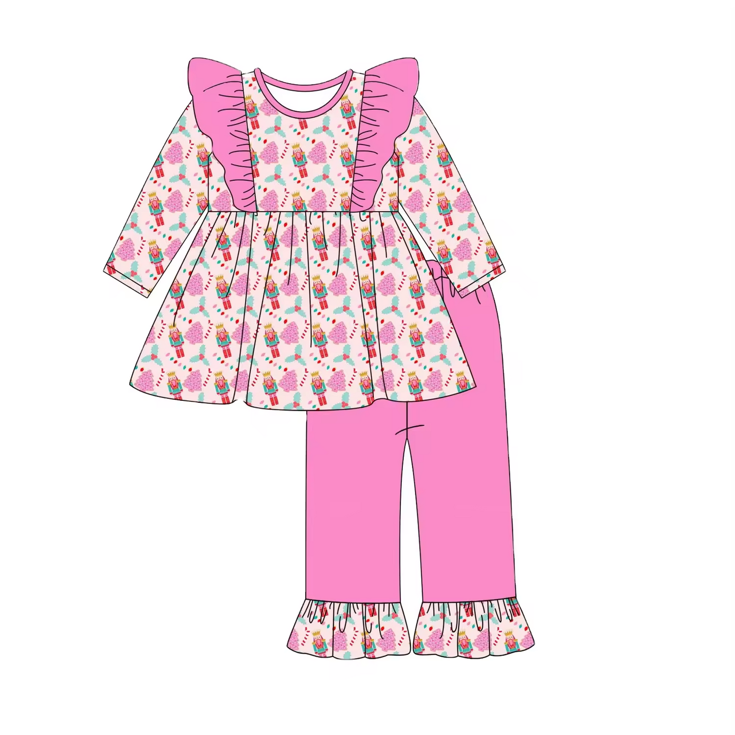 Custom moq 3 eta 6-8weeks Puppet Knight Print Flying Sleeve Shoulder Design Pink Long Sleeve Suit