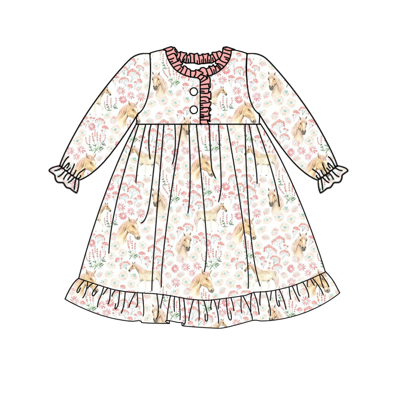 5.21custom each style moq 5eta 4-5week Sibling Sister Horse flower print white and pink lace girls set and dress and baby romper match family design