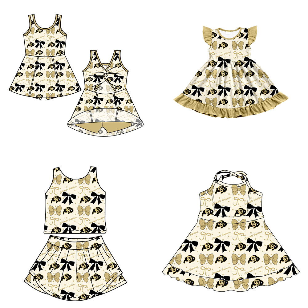 Custom moq 5 mix size milk silk summer teams baby girls clothes team bow khaki sleeveless skirts sets and dress 1 and dress 2 and dress 3-25.6.24
