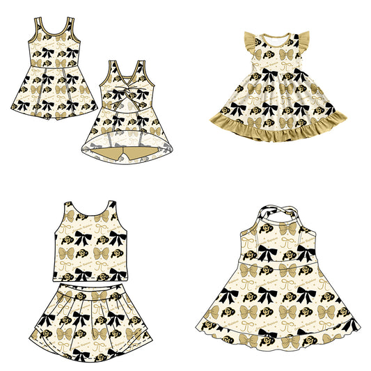 Custom moq 5 mix size milk silk summer teams baby girls clothes team bow khaki sleeveless skirts sets and dress 1 and dress 2 and dress 3-25.6.24