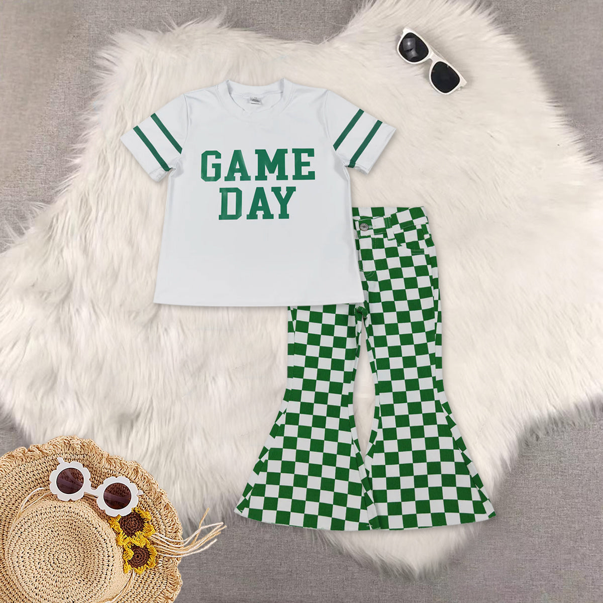 RTS NO MOQ Sibling baby girl clothes GAME DAY short sleeve top and jeand pants