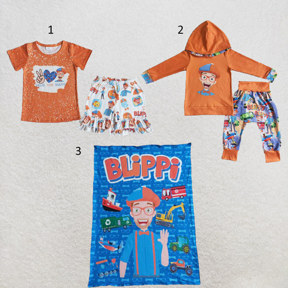 RTS NO MOQ Sibling milk silk Cute Clothes Baby Girl Boys Orange Top Pants Two Piece Set Blankets