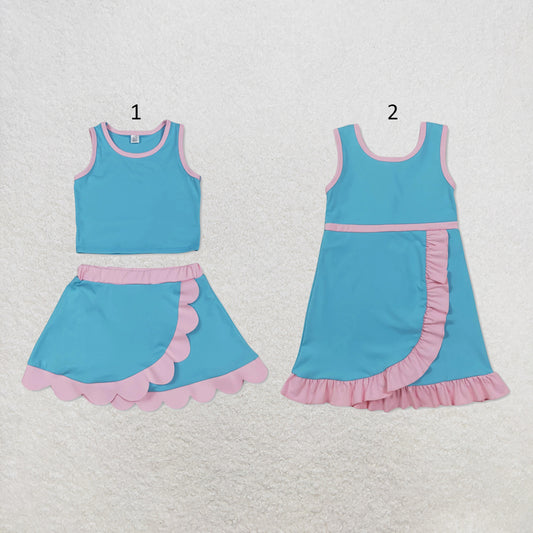 RTS NO MOQ Sibling yoga fabric cotton Baby Girls Blue Pink Sleeveless Vest Scallop Skirt Yoga Active Set Short Knee Length Dress