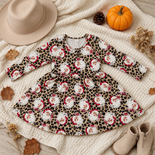 NEW RTS NO MOQ milk silk GLD1761 Baby Girls Cute  Leopard Santa Long Sleeve Christmas Knee Length Dress