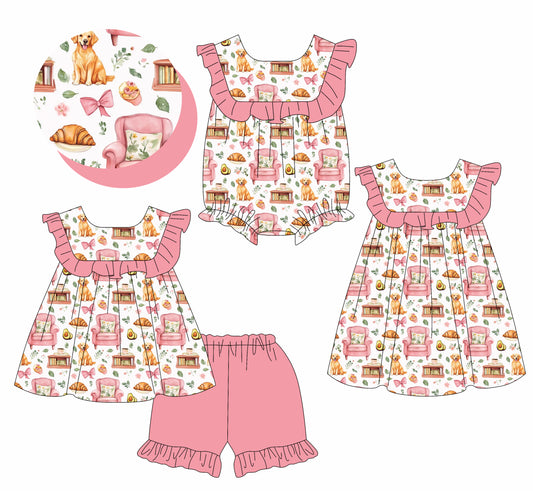 3.21 custom each style moq 5eta 4-6week Sibling Sisters bow puppy baby girl short sleeve shorts sets and dress and rompers match family design