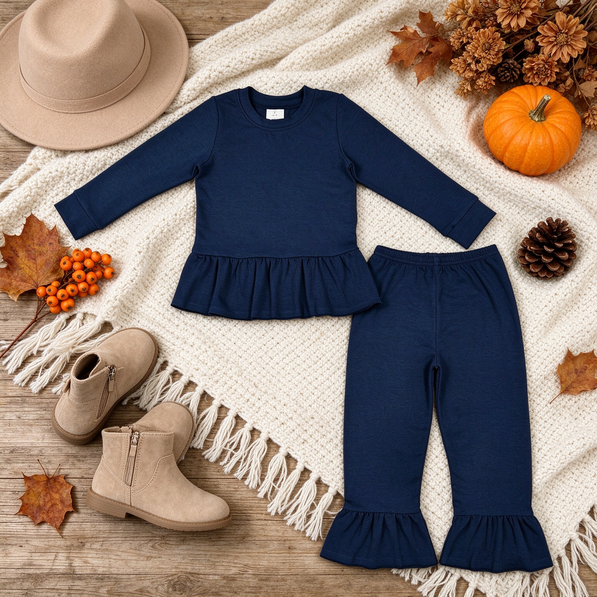(Sample) No moq cotton GLP3750 Baby Girls Navy Blue Long Sleeve Tunic Ruffle Pant Set