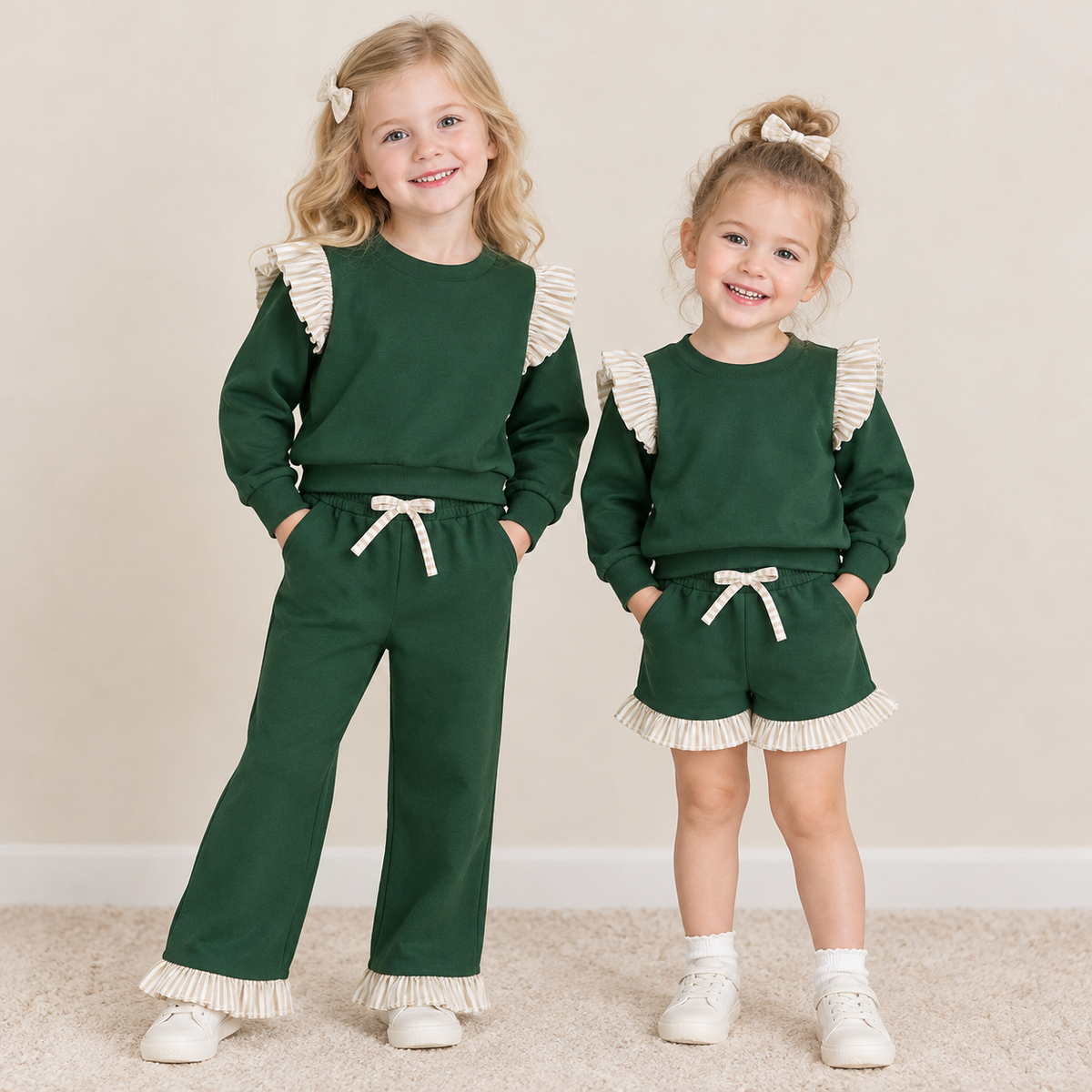 RTS NO MOQ Sibling milk silk Baby Girls Green Stripe Ruffle Long Sleeve Top Pant Short Set