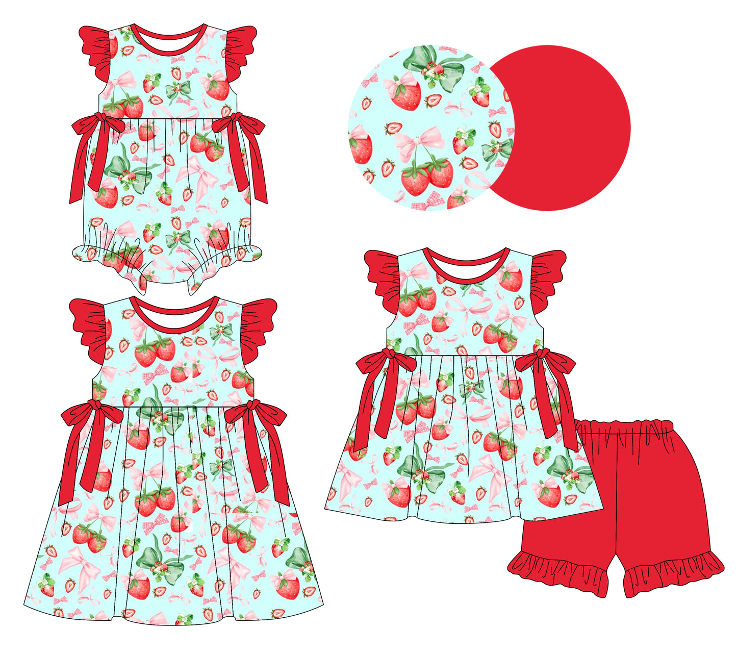 25.12.18 custom each style moq 5 eta 6-8week Sibling Sister strawberry bow baby short sleeve shorts sets and romper and dress match design
