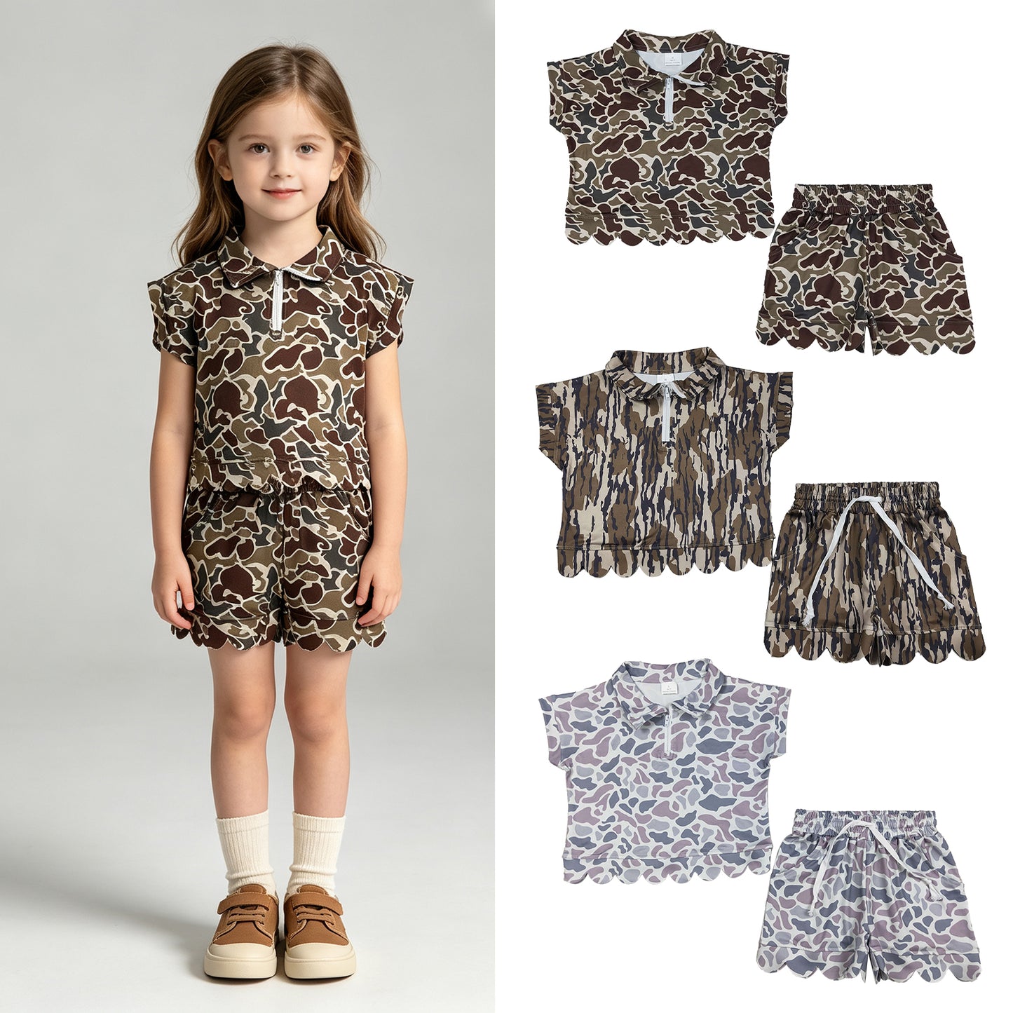 RTS NO MOQ Sibling milk silk Baby Girls Camo Print Zip Zip Top Matching Scallop Edge Hem Shorts  Clothes Set