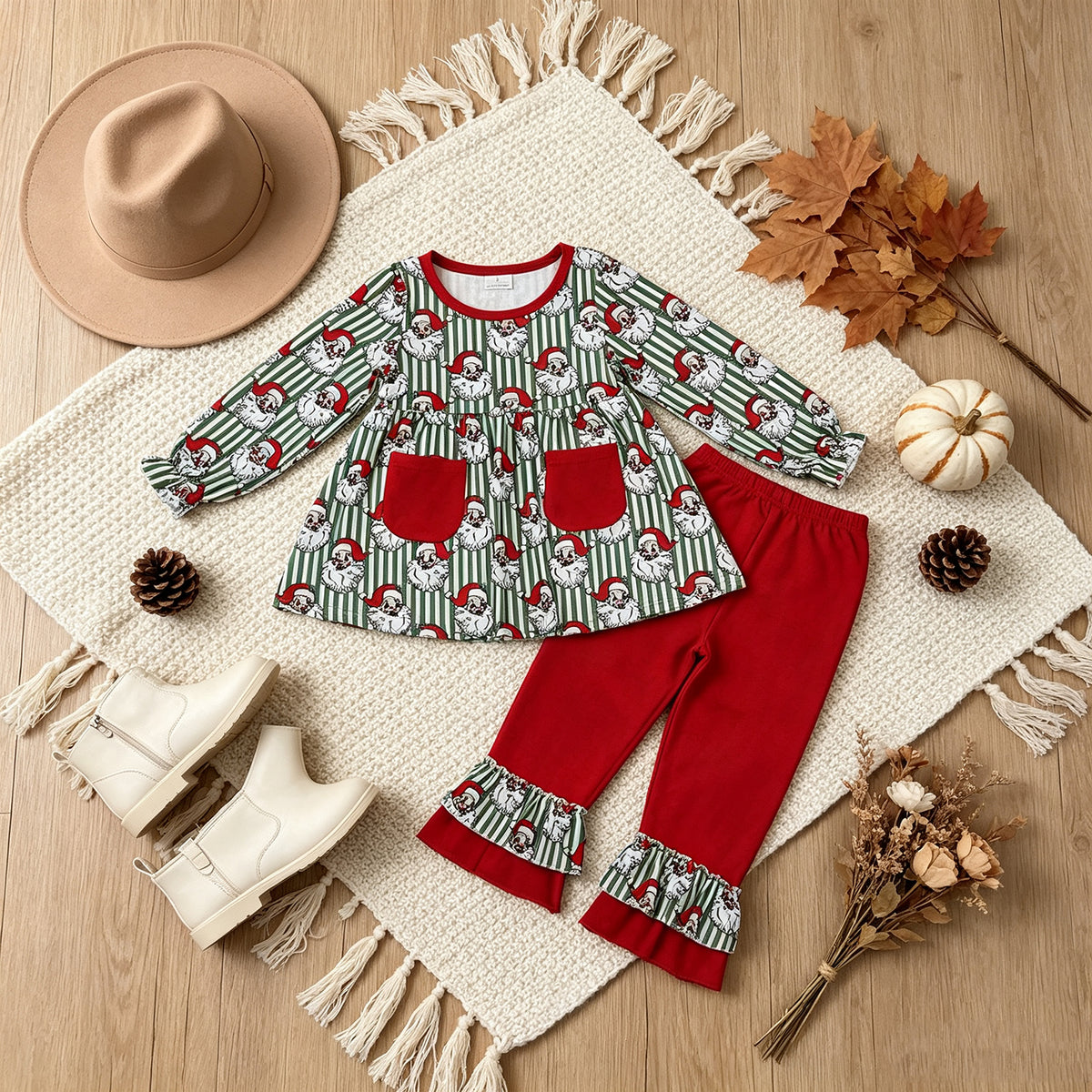 NEW RTS NO MOQ milk silk GLP3454 Baby Girls Green Stripe Santa Pockets Tunic Ruffle Pant Christmas Set