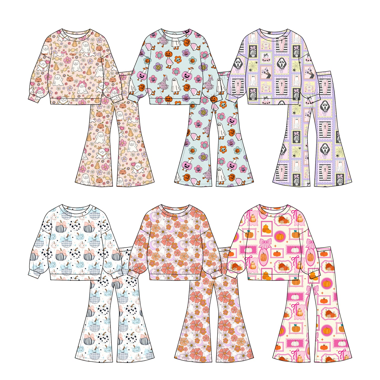 (Preorder new) No moq milk silk Baby Girls Flower Ghost  Long Sleeve Tops Fashion Flare Pant Halloween Wear