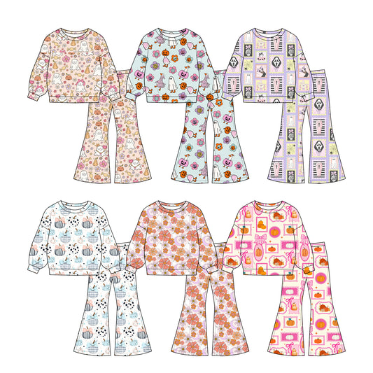 (Preorder new) No moq milk silk Baby Girls Flower Ghost  Long Sleeve Tops Fashion Flare Pant Halloween Wear
