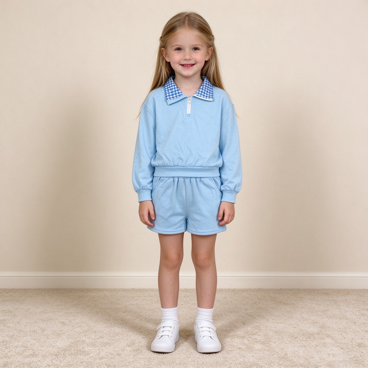 NEW RTS NO MOQ cotton GLS0226 Baby Girls Light Blue Long Sleeve Zip Front Pullover Side Pockets Short Clothes Set