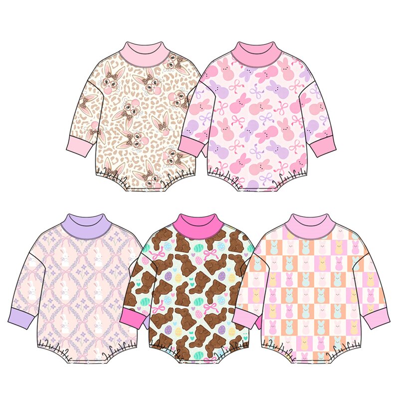 (Preorder new) No moq Baby Girls Long Sleeve Easter Print Bubble Romper Holiday Outfit