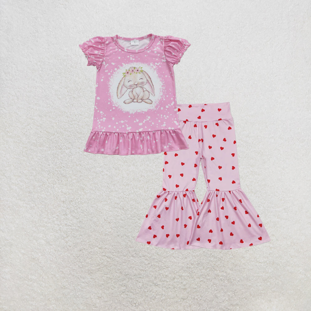 RTS NO MOQ milk silk GT0466+P0339 Baby Girls Pink Easter Rabbit Short Sleeve Tee Shirts Tops Pink Hearts Bell Bottom Pants Set