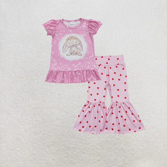 RTS NO MOQ milk silk GT0466+P0339 Baby Girls Pink Easter Rabbit Short Sleeve Tee Shirts Tops Pink Hearts Bell Bottom Pants Set