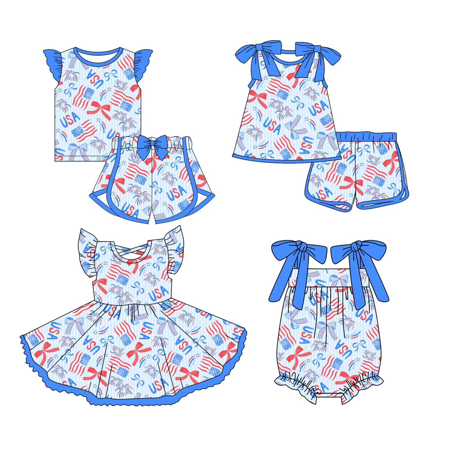 3.13 custom each style moq 5eta 4-6week Sibling Sister bow flag baby girls short sleeve set and set 2 and dress and romper match design