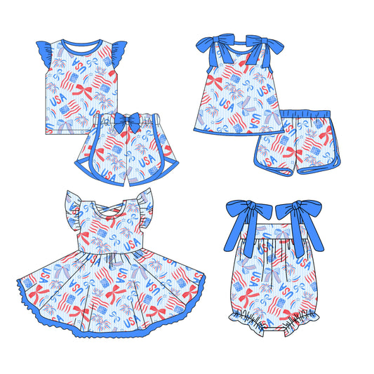 3.13 custom each style moq 5eta 4-6week Sibling Sister bow flag baby girls short sleeve set and set 2 and dress and romper match design