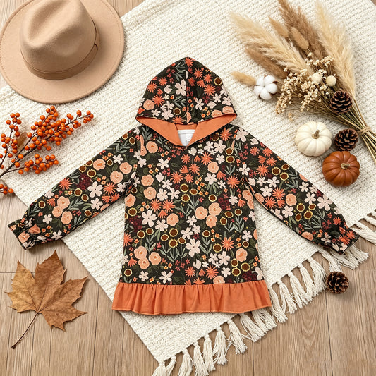 NEW RTS NO MOQ milk silk GT1644 Baby Girls Flower Print Ruffle Cuff Hooded Sweatshirt Casual Daily Top