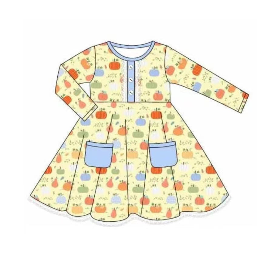 5.18custom each style moq 5eta 4-5week Sibling Sister pumpkin print yellow girls and boys outfits and baby romper and dress match family design