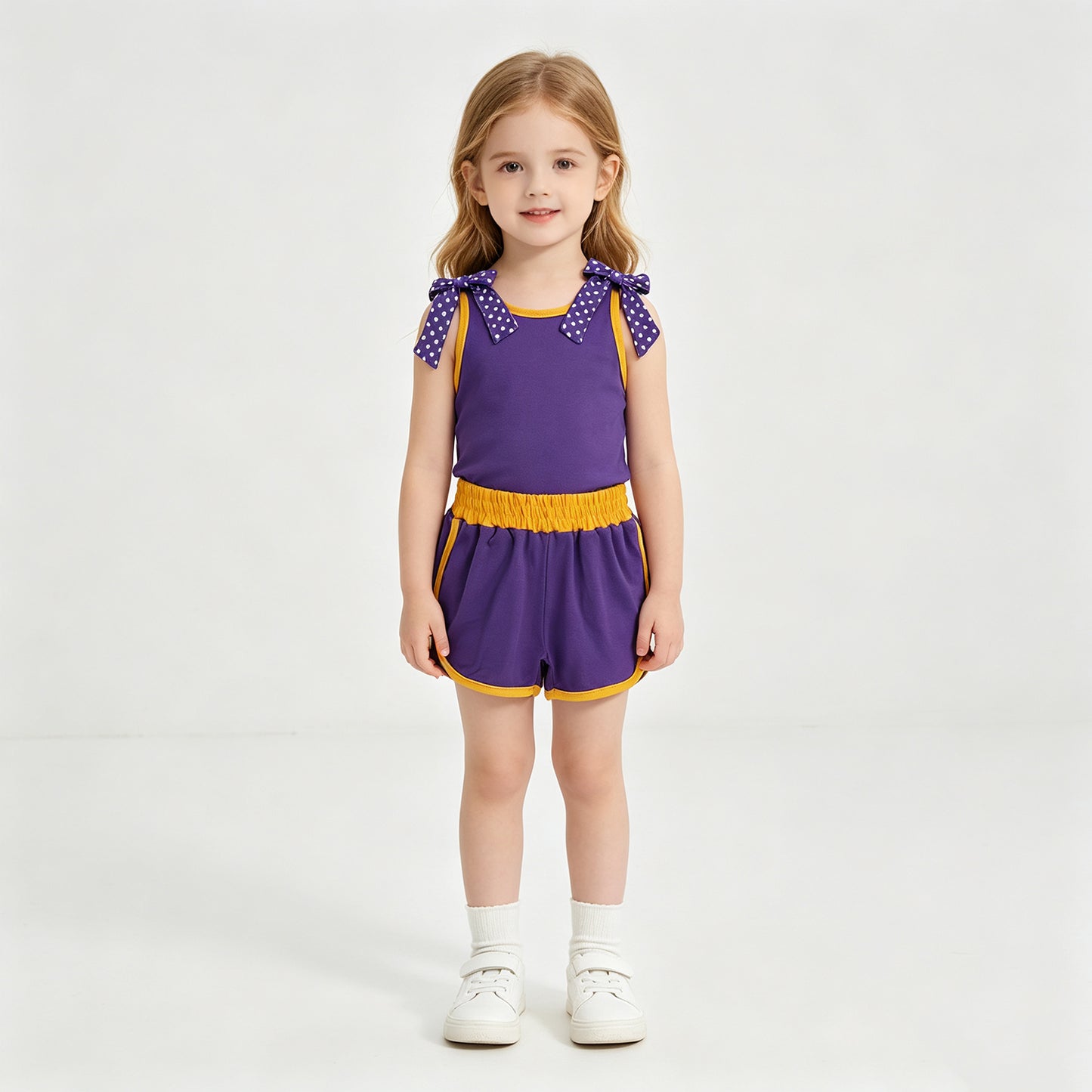 NEW RTS NO MOQ cotton GSSO3826 Baby Girls Purple Polka Dot Print Bow Sleeveless Top Shorts Sets