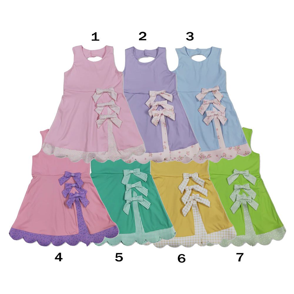 RTS NO MOQ Sibling yoga fabric Baby Girls Summer Sleeveless Yoga Ruffle Edge Bow Scallop Active Dresses
