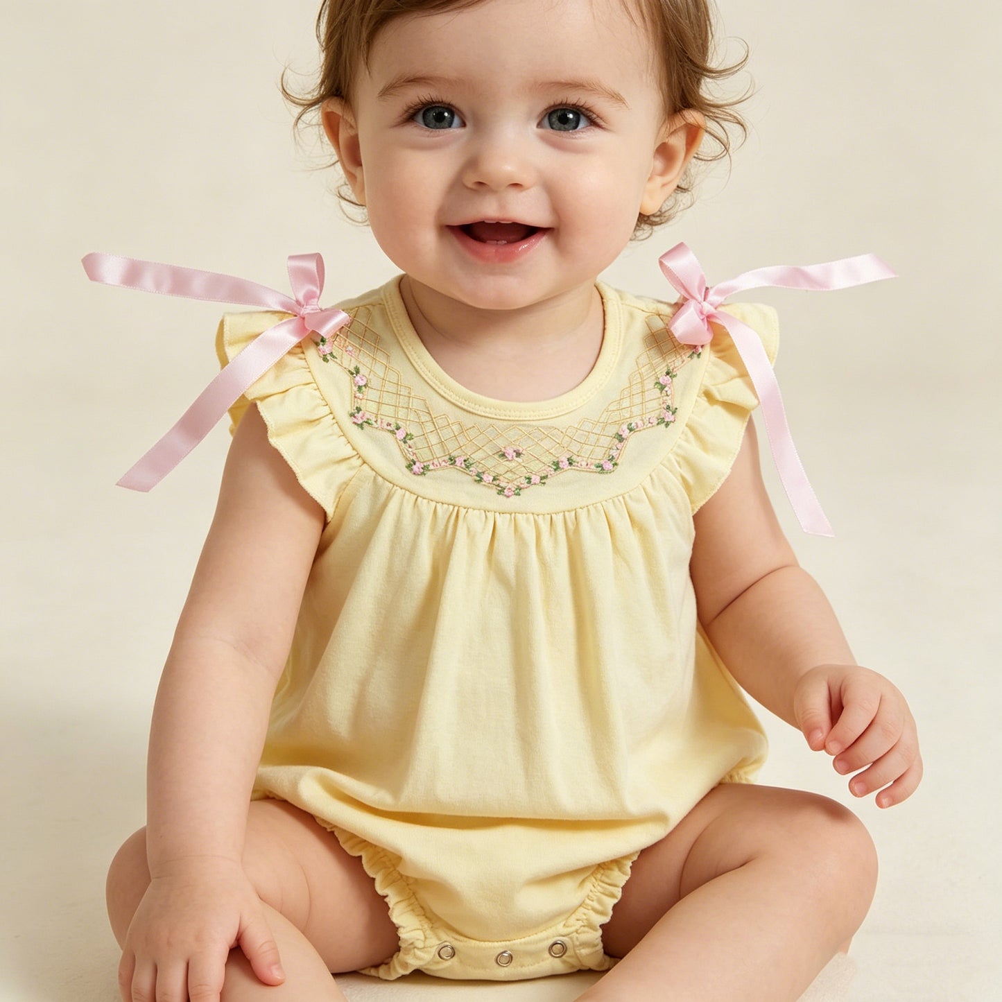 RTS NO MOQ SR3561 Embroidery Flowers Checked Baby Girls Bows Flutter Sleeve Ruffle Rompers