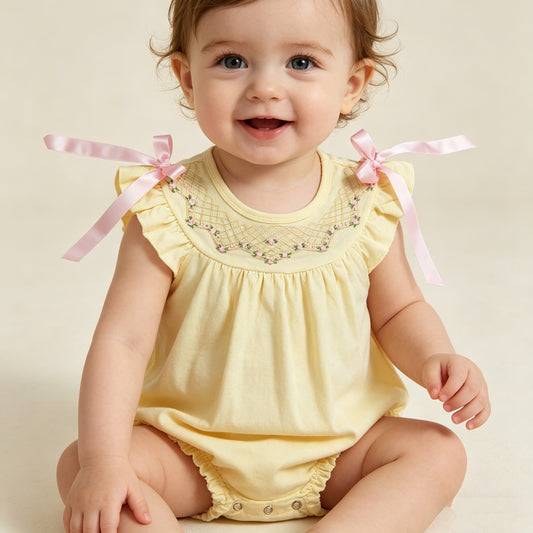 RTS NO MOQ SR3561 Embroidery Flowers Checked Baby Girls Bows Flutter Sleeve Ruffle Rompers