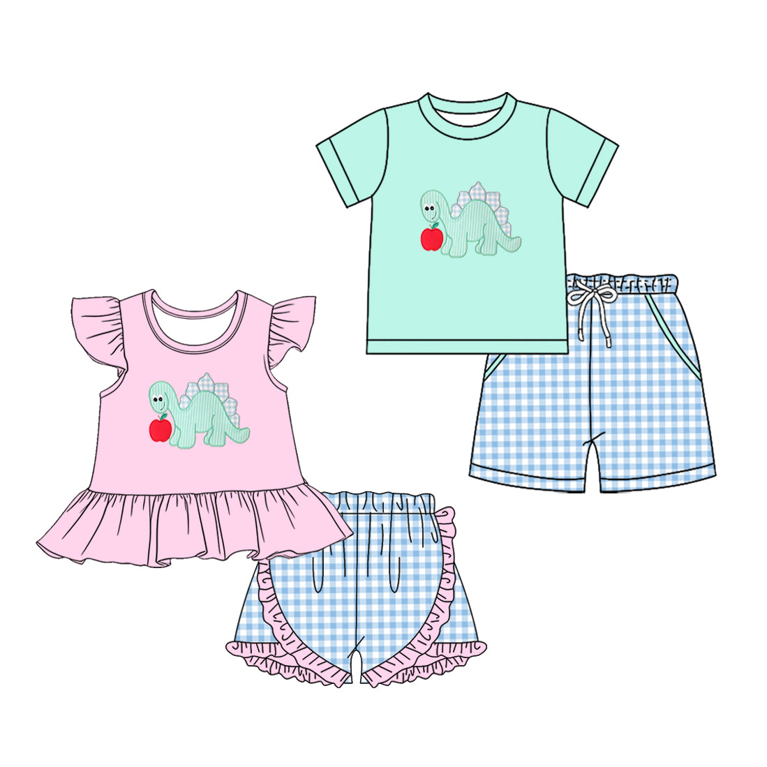 3.11 Custom moq 5 mix size Sibling Baby Girls Boys Back To School Short-Sleeved Top And Plaid Shorts Set  for Infants