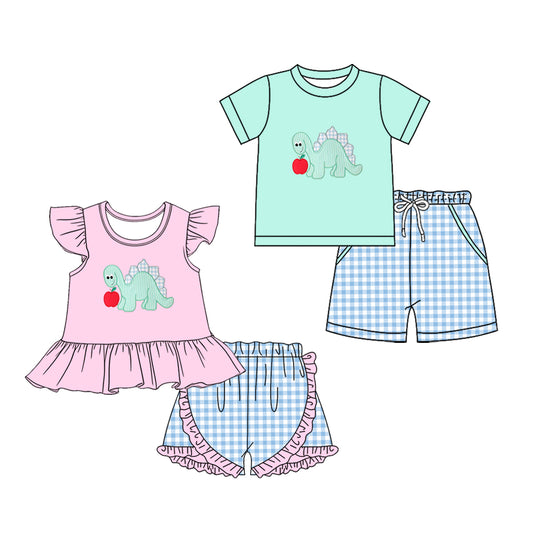 3.11 Custom moq 5 mix size Sibling Baby Girls Boys Back To School Short-Sleeved Top And Plaid Shorts Set  for Infants