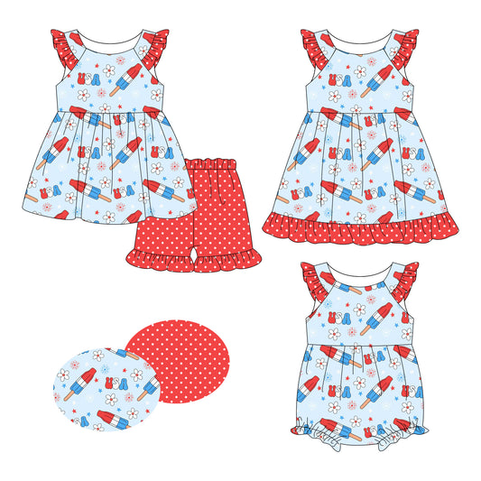 26.1.9 custom each style moq 5 eta 6-8week Sibling Sister floral baby short sleeve shorts sets and romper and dress match design