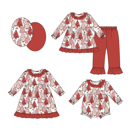 25.7.17 custom each style moq 5eta 4-6week Sibling Sisters Christmas trees baby girl long sleeve pants sets and dress and rompers match family design