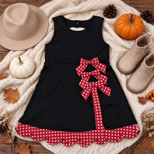 NEW RTS NO MOQ yoga fabric GSD4263 Yoga Baby Girls Black Red Scallop Trim Short Sleeve Knee Length Dress