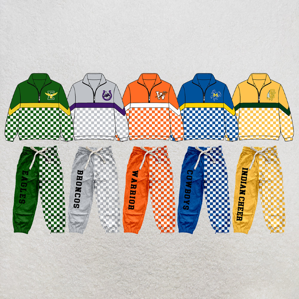 custom moq 5 mix size  XY072105 Baby Kids Checked Patchwork Zipper Long Sleeve Pullover Top Pants Team Clothes Set