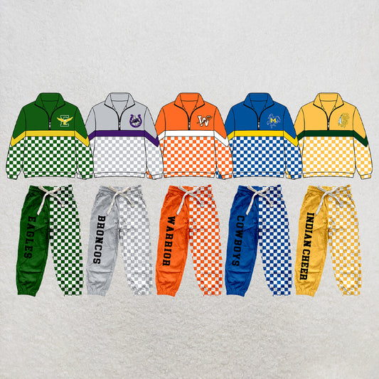 custom moq 5 mix size  XY072105 Baby Kids Checked Patchwork Zipper Long Sleeve Pullover Top Pants Team Clothes Set