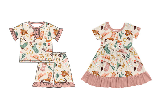 3.31 custom each style moq 5eta 4-6week Sibling Sister catcus baby girl short sleeve shorts sets and dresses match design