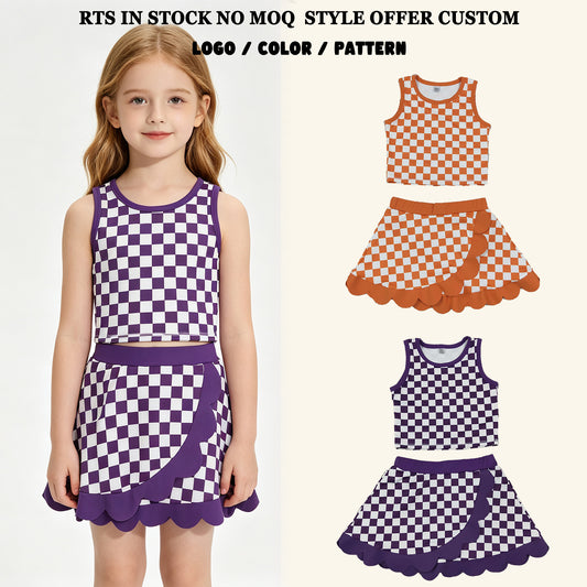 RTS NO MOQ Sibling yoga fabric Baby Girls Checked Vest Scallop Skirt Short Yoga Active Clothes Set