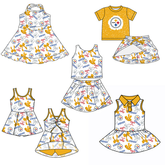 Custom moq 5 mix sizes summer teams baby girls clothes team yellow short sleeve skirts shorts sets 1 and skirts sets 2 and dress 1 and dress 2 and dress 3 and dress 4-25.6.5
