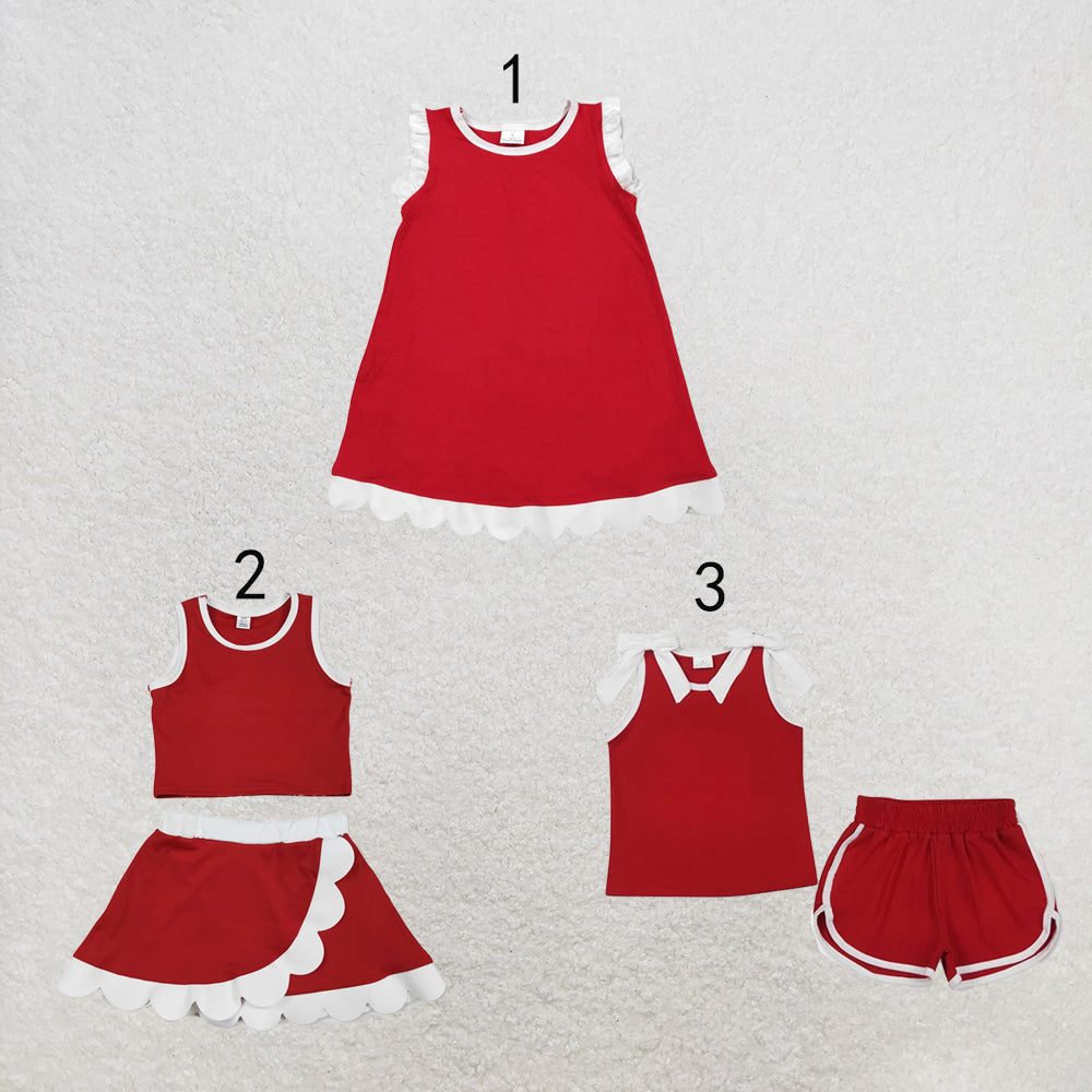 RTS NO MOQ Sibling yoga fabric cotton Baby Girls Red White Contrast Trim Sleeveless Summer Outfit Skort Shorts Wrap And A Line Dress