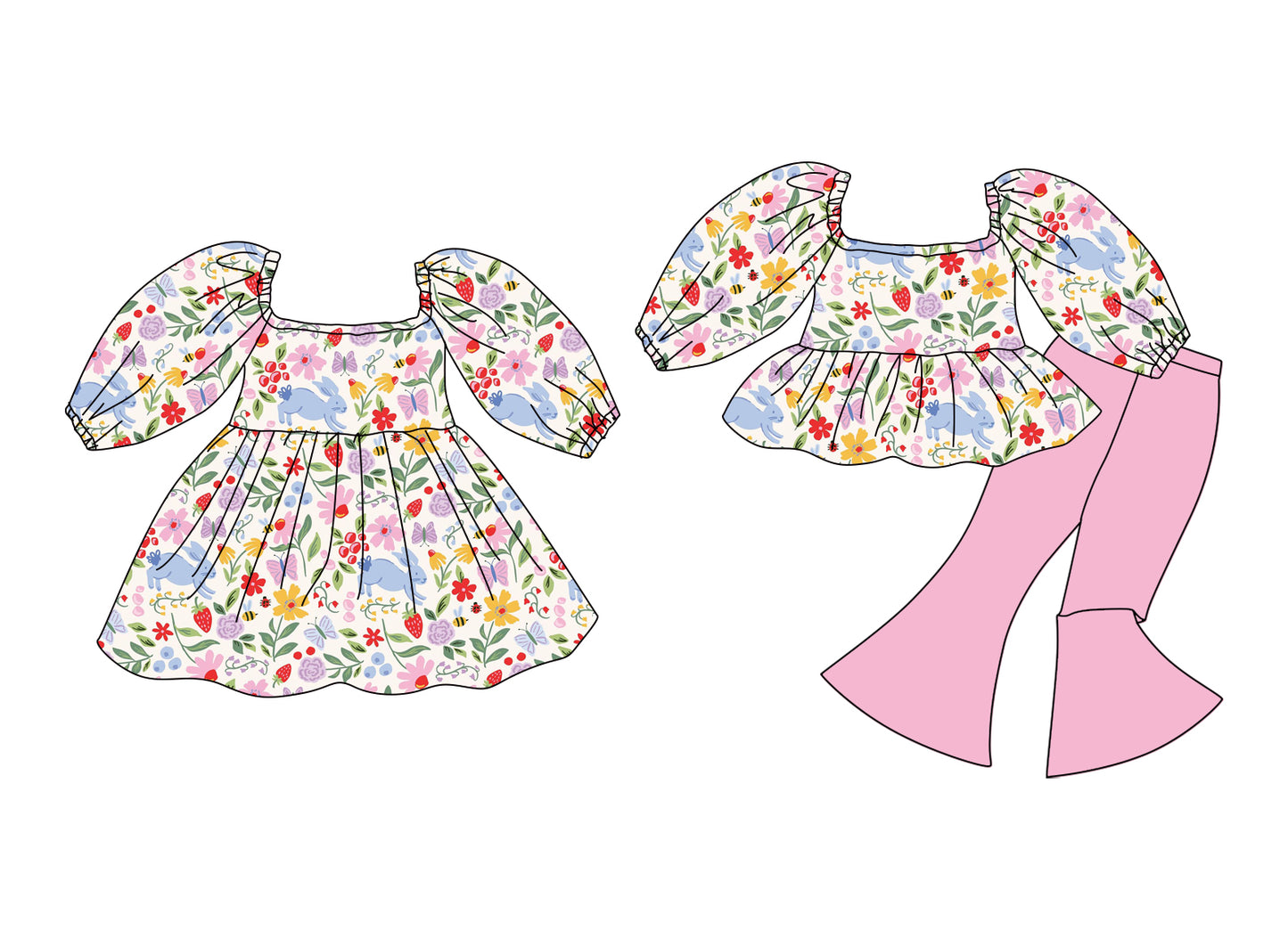 25.12.10 custom each style moq 5 eta 6-8week Sibling Sister bunny floral baby short sleeve pants sets and dress match design