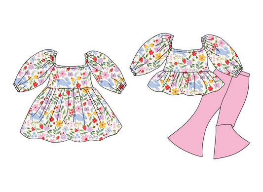 25.12.10 custom each style moq 5 eta 6-8week Sibling Sister bunny floral baby short sleeve pants sets and dress match design