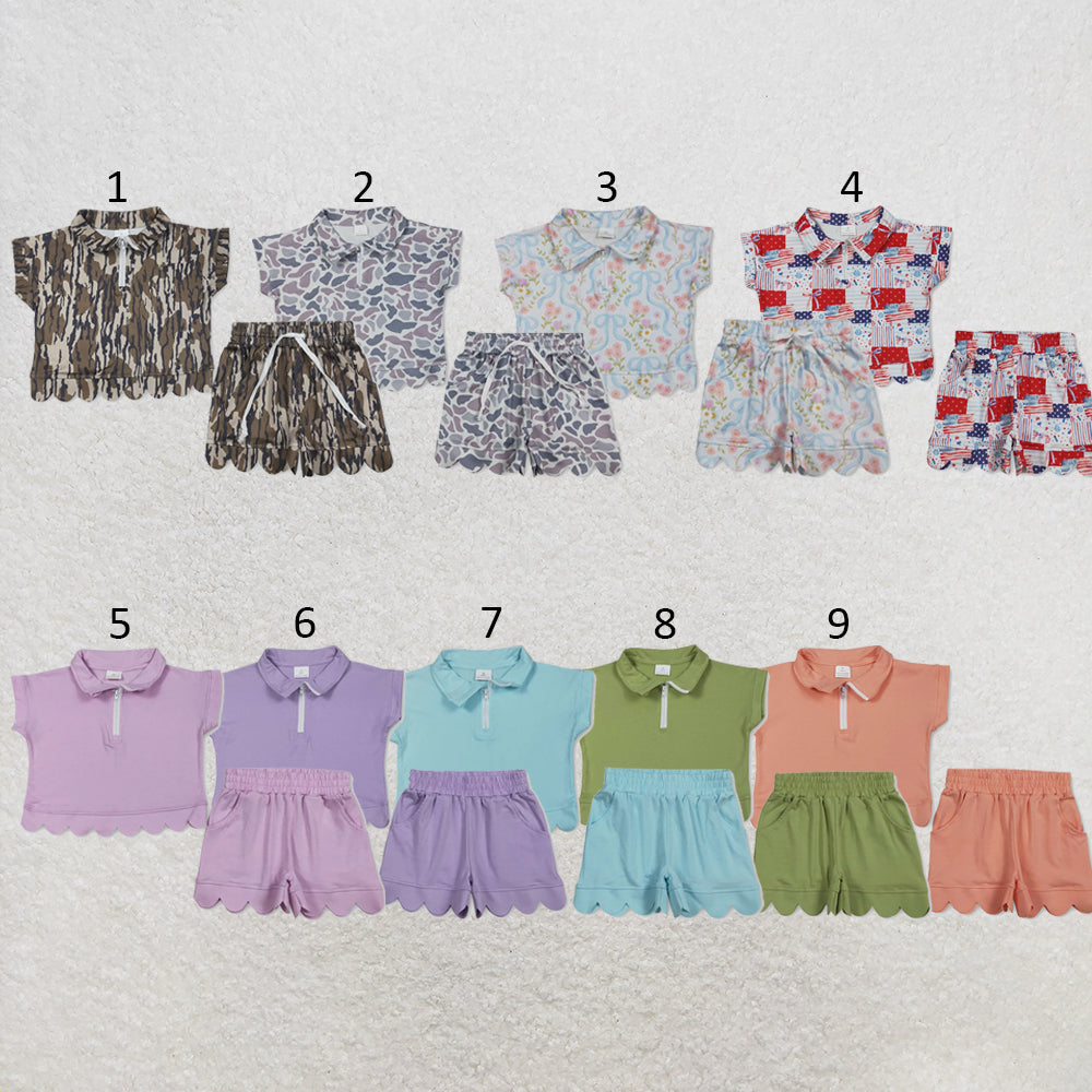 RTS NO MOQ Sibling milk silk Baby Girls Zip Front Pocket Top Scallop Edge Shorts Clothes Set
