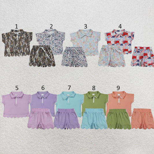 RTS NO MOQ Sibling milk silk Baby Girls Zip Front Pocket Top Scallop Edge Shorts Clothes Set
